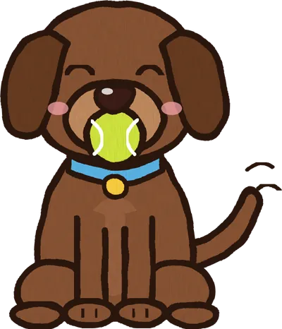 Cartoon chocolate Lab puppy holding a tennis ball