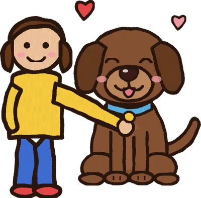 Cartoon child hugging a chocolate Lab puppy